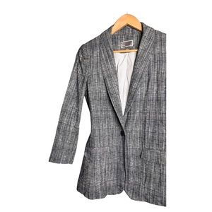 Chelsea28 | Linen blue and white single button blazer striped lining •
